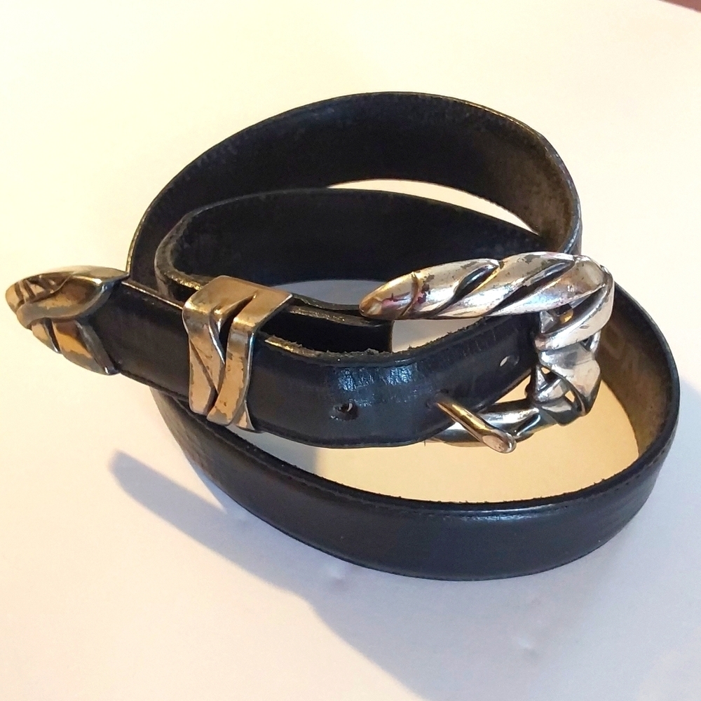Leegin |Vintage Black Leather Belt Silver Heavy Buckle/TIP Edgy RETRO Sz.S/M